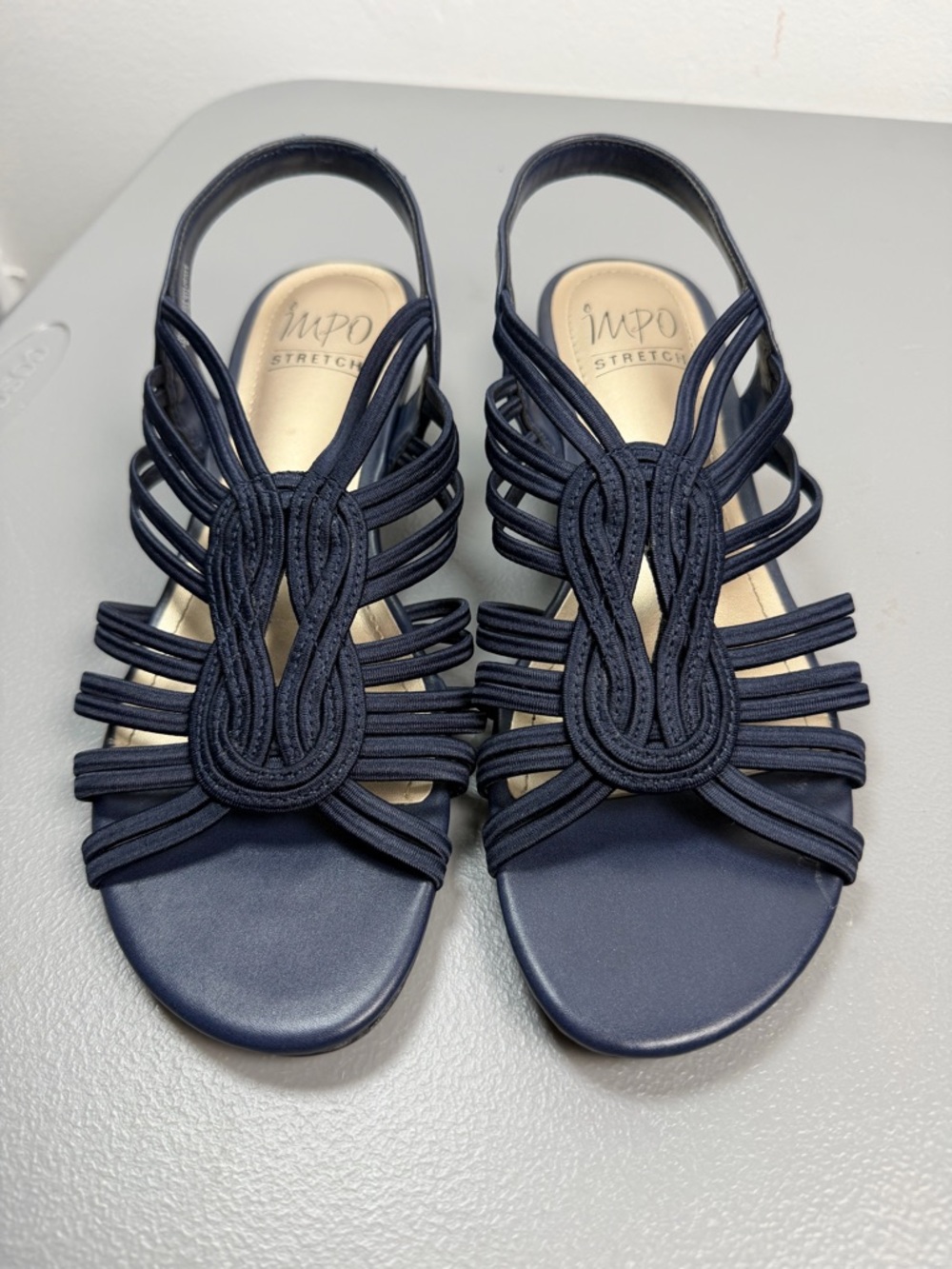 IMPO Regina Navy Stretch Dress Sandals Women's 8.5M Low Heel Office Wedding